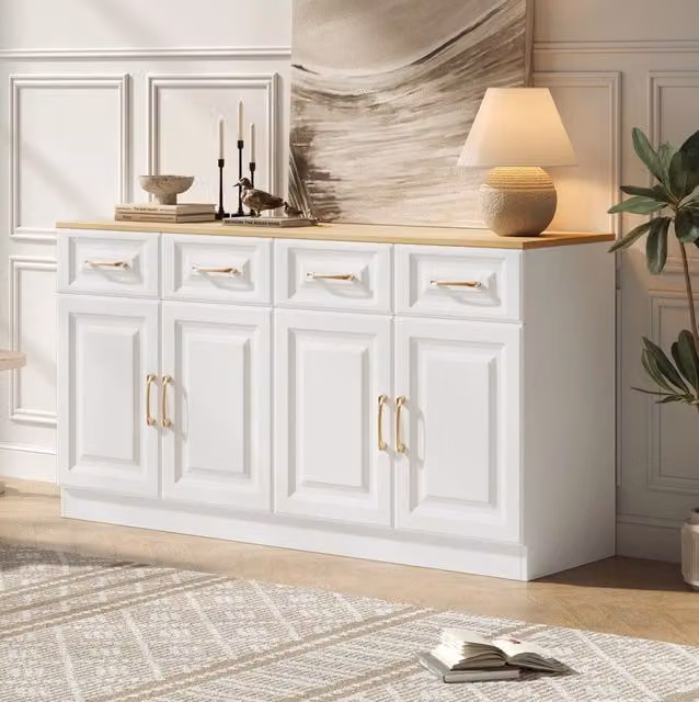 Credenza 140 cm con 4 cassetti e 4 ante in pannello truciolare; bianco e rovere