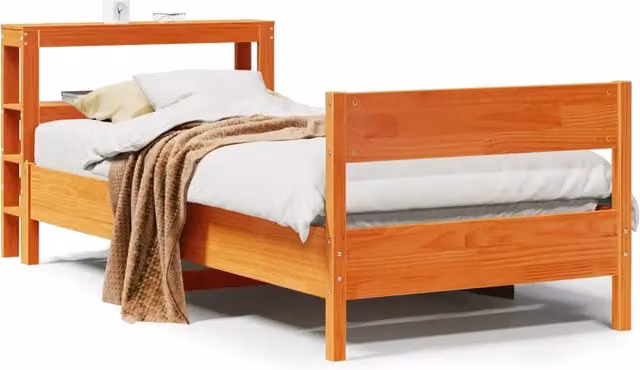 Letto singolo per adulti DESIGN IN in legno di pino marrone cera con ripiani laterali e doghe fisse L/P/H: 190 x 75 x 82 cm – 1
