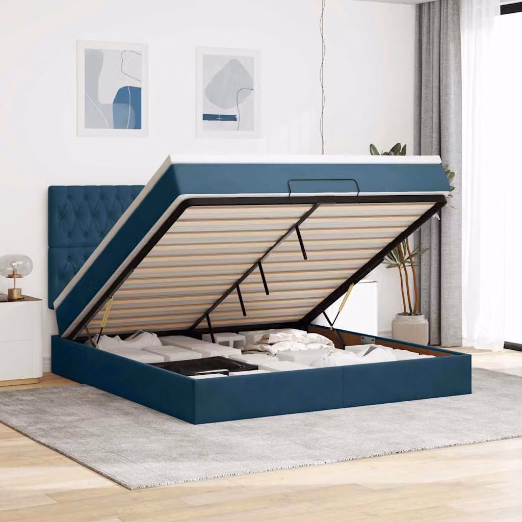 Letto con contenitore a sollevamento vidaXL in velluto blu e bianco, L: 180 cm, P: 200 cm, H: 128 cm