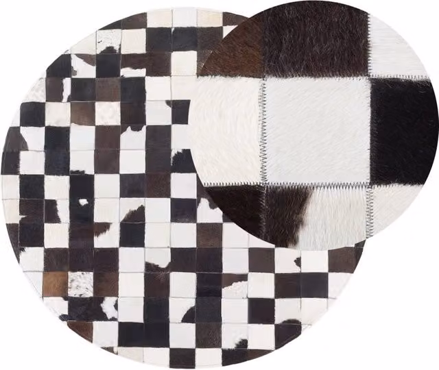 Tappeto Rotondo in Pelle Nera e Bianca ø 140 cm Patchwork Lavorato a Mano