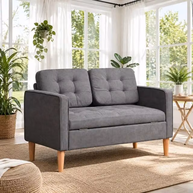 Divano a 2 posti 117x62x78 cm in tessuto grigio con vano portaoggetti, per soggiorno –
