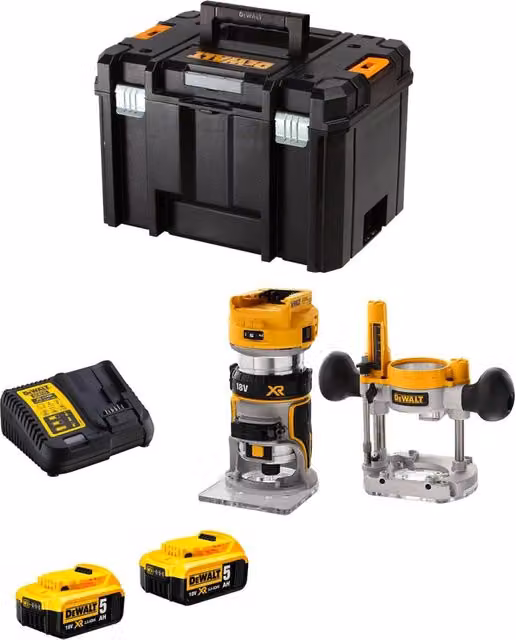 Fresatrice da banco DeWalt DCW604P2T gialla con 2 batterie da 5,0 Ah e caricabatterie DCB115 nel sistema TSTAK VI – 1