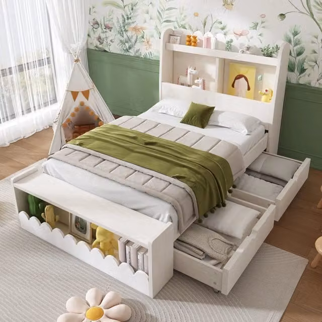 Letto singolo per bambini OKWISH in legno e MDF con scomparti laterali, colore bianco e rovere, L/P/H: 200 x 90 x 100 cm