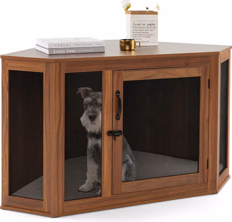 Gabbia per cani ad angolo COSTWAY, cuccia per cani con porta e cuscino, stile di arredamento della cassa per cani di piccola taglia, gabbia per animali domestici per piccoli spazi, casa per cani, casa per animali domestici, marrone