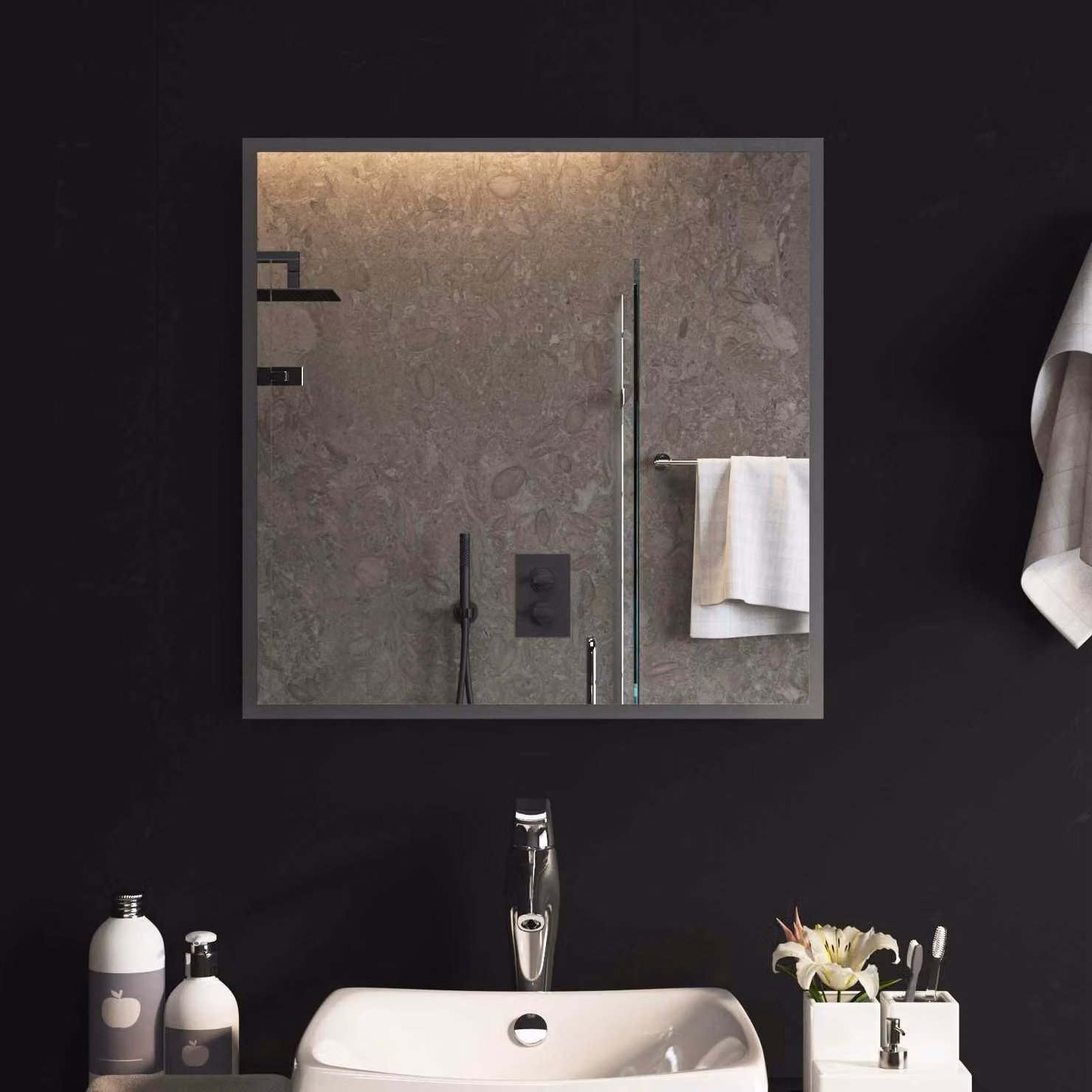 Specchio da bagno moderno vidaXL con illuminazione LED in vetro temperato, L 60 cm x H 60 cm