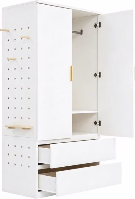 Armadio guardaroba 70x50x170 cm con 2 cassetti e pannelli forati laterali; bianco
