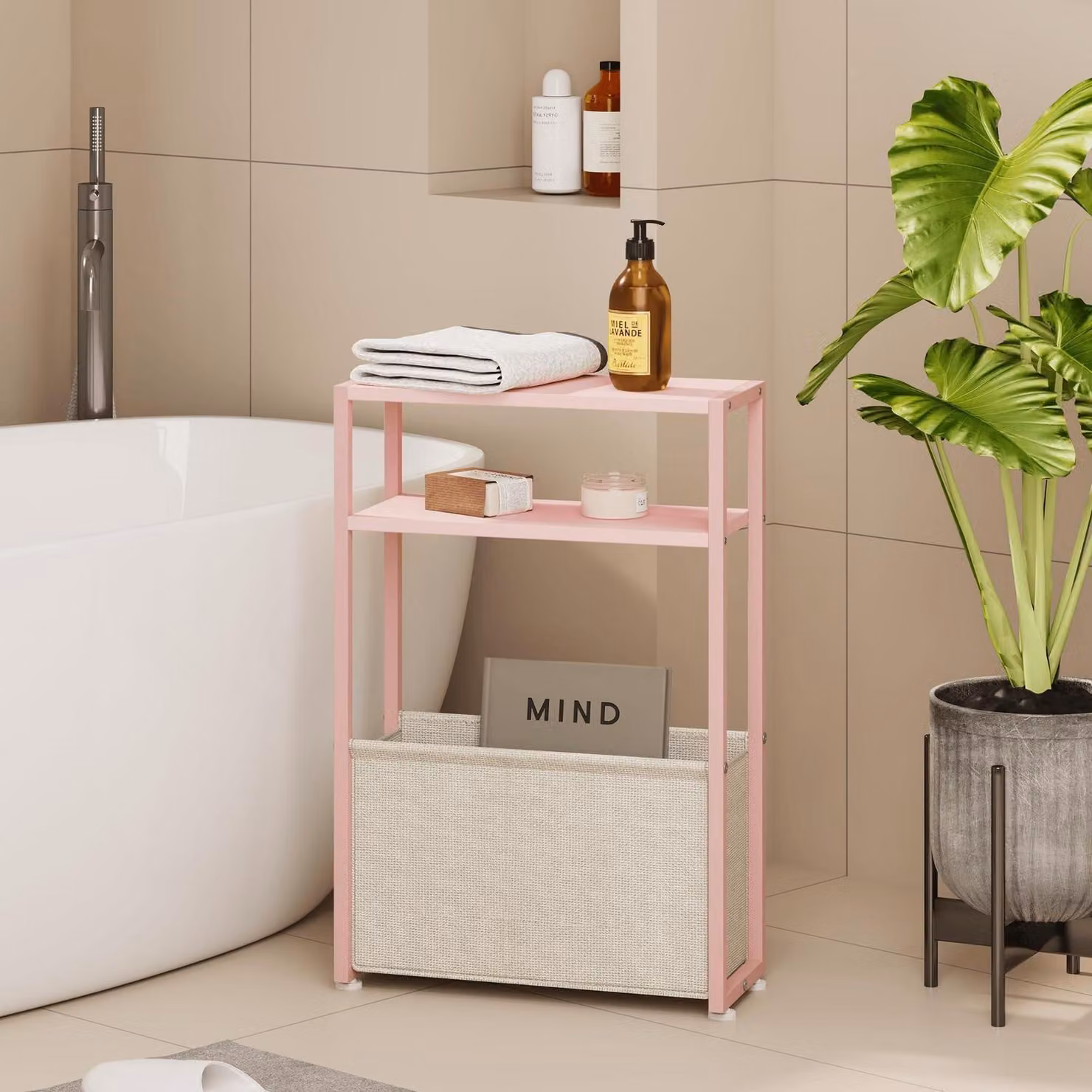 Tavolino laterale, design a cesto, color pastello rosa e crema, dimensioni 40x20x65 cm