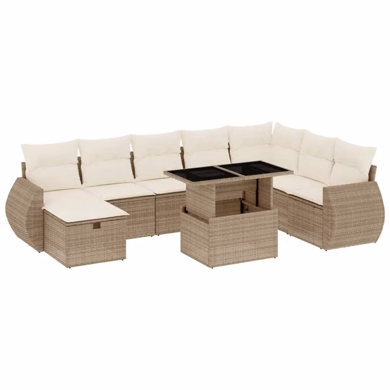 Set Divano da Giardino 9 pz con Cuscini Beige in Polyrattan