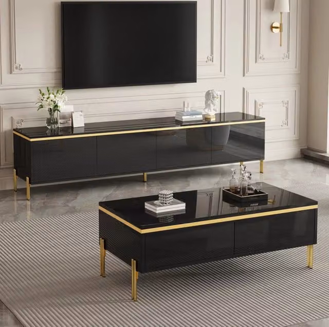 Set mobili TV e tavolino moderno nero lucido con dettagli dorati e ampio spazio di stoccaggio