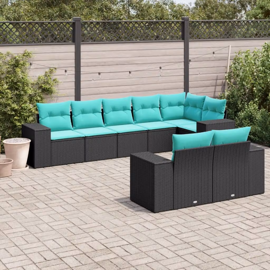 Set di divani da giardino vidaXL 8 pz a forma di U in rattan con cuscini color nero, blu e turchese e struttura in acciaio verniciato a polvere