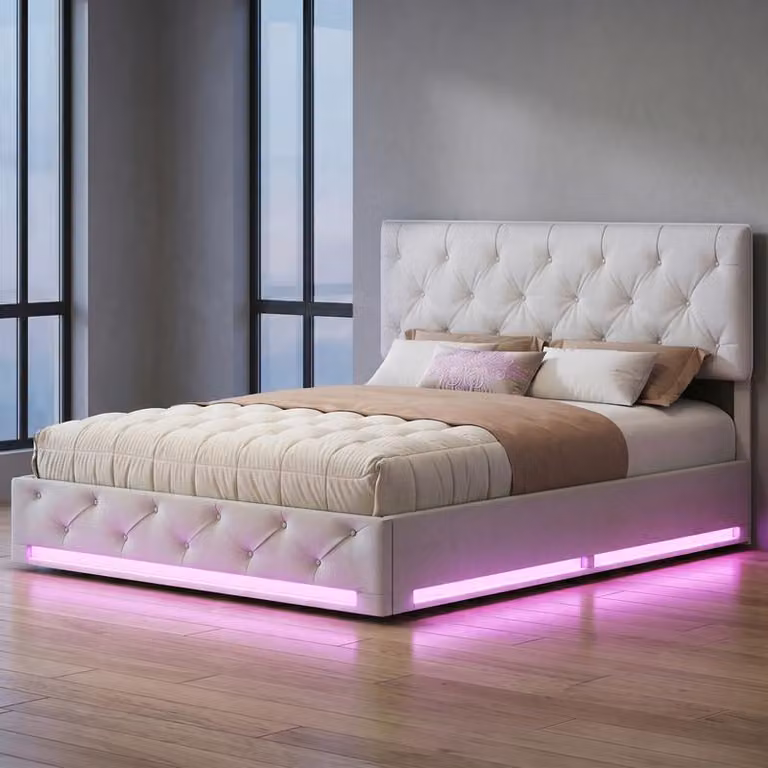 Letto imbottito ProximaX 140x200 cm in beige-bianco, tessuto di lino, letto a scomparsa con illuminazione a LED RGB, bottoni alla Chesterfield, vano portaoggetti idraulico, testiera regolabile, rete a doghe