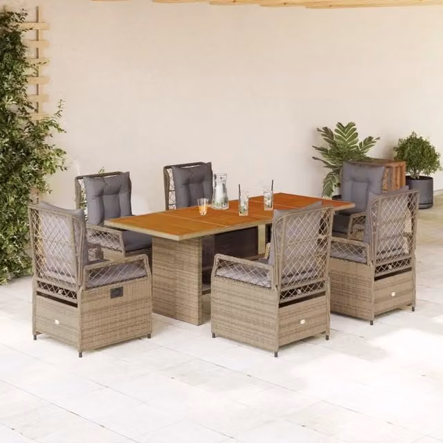 Set da pranzo da giardino vidaXL in polyrattan con cuscini beige e grigi e tavolo in legno di acacia, 7 pezzi