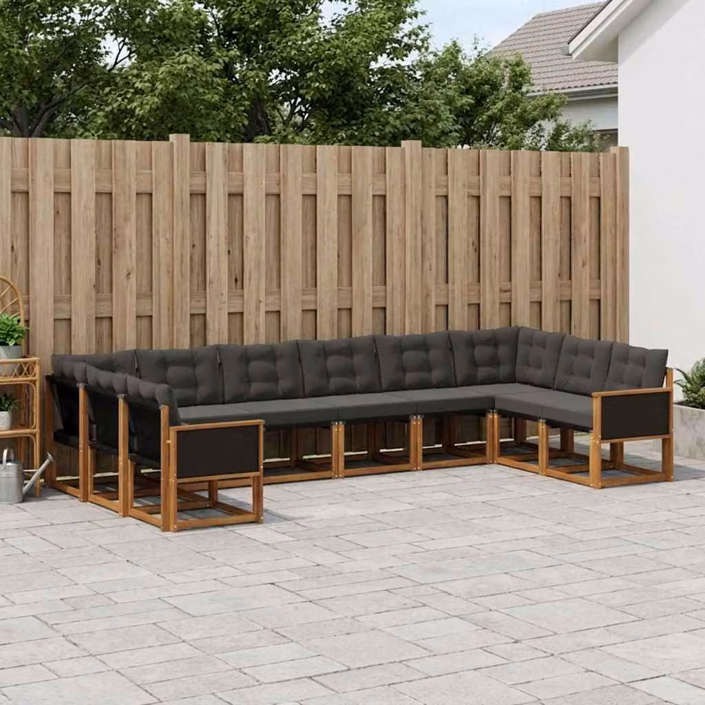 Set di divani da esterno vidaXL 10 pezzi in legno di acacia con cuscini, colore beige e nero