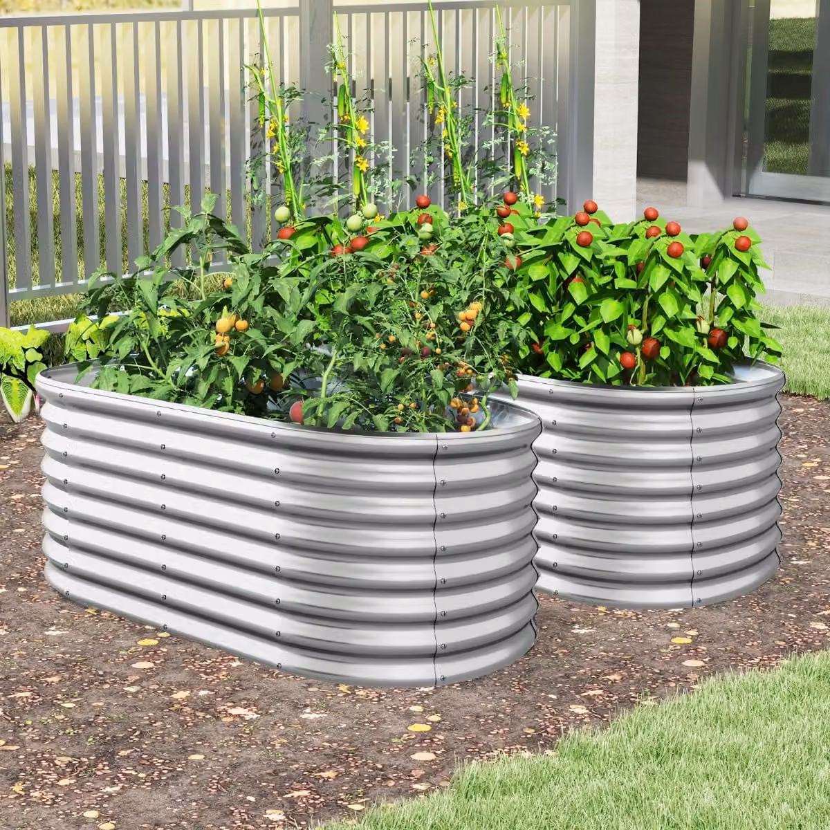 Fioriera rialzata tonda da giardino Costway in acciaio color argento con design a fondo aperto, Altezza: 60 cm