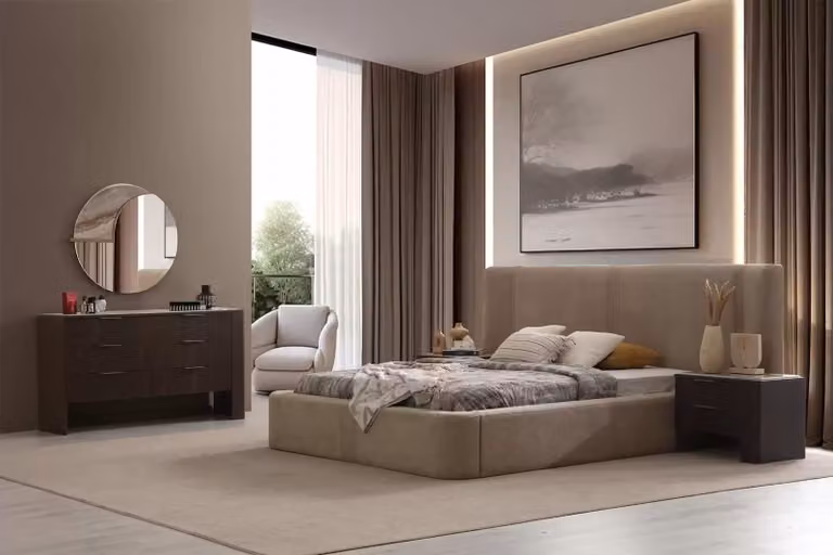 Beige-Braunes Schlafzimmer Set Textilbett Schminktisch Nachttische
