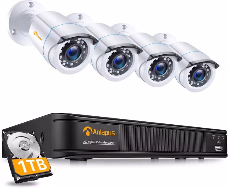 Sistema di videosorveglianza HD 1080P per esterni con disco rigido da 1TB, DVR 8 canali 1080P H.265+ con (4) telecamere da 2MP per la sicurezza domestica, con allarmi tramite app/e-mail