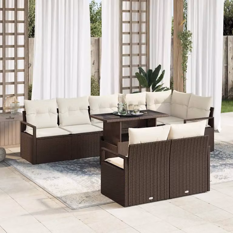 Set Divano da Giardino vidaXL 9 Pezzi a Forma di U con Tavolino e Cuscini Marrone e Beige