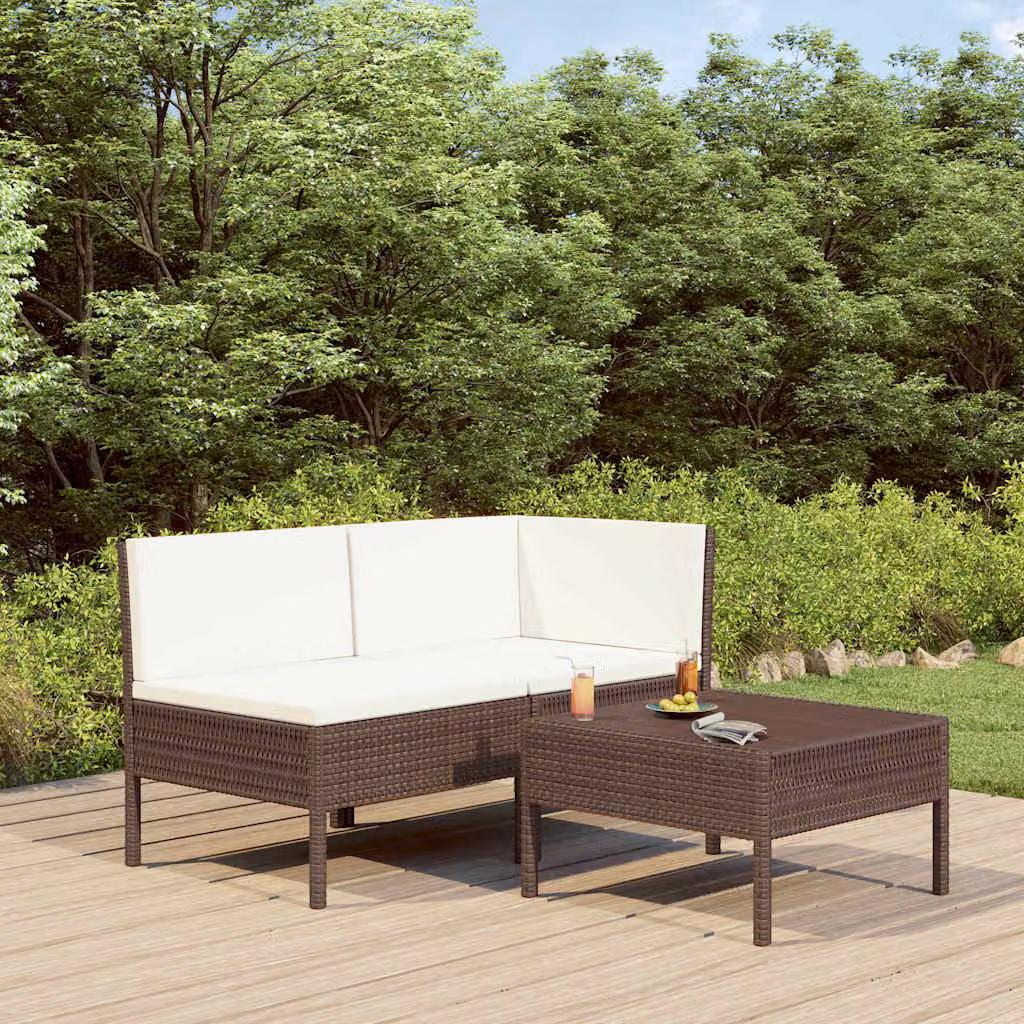 Set Divani da Giardino vidaXL 3 pz a Forma a L con Tavolino, Polyrattan Marrone e Cuscini Bianchi