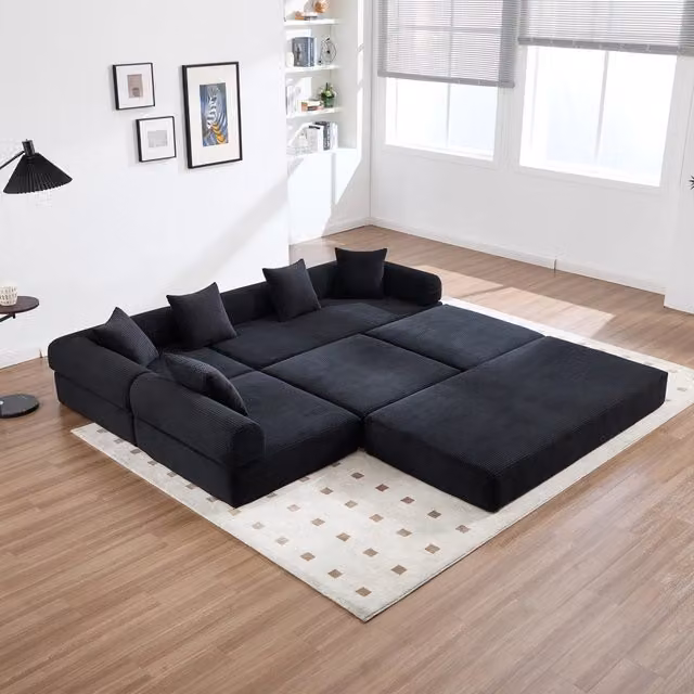 Divano modulare OKWISH con funzione letto in velluto nero per soggiorno, studio o camera da letto