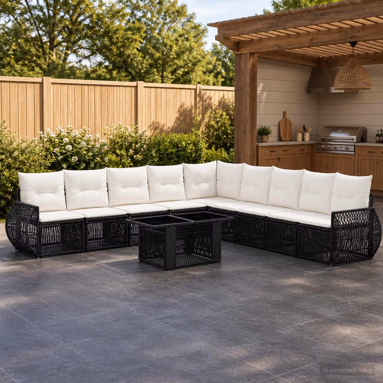 Set Divano da Giardino vidaXL 10 Pezzi a Forma di U in Polyrattan con Cuscini, Tavolino e Struttura in Acciaio, Colore Nero e Bianco Crema