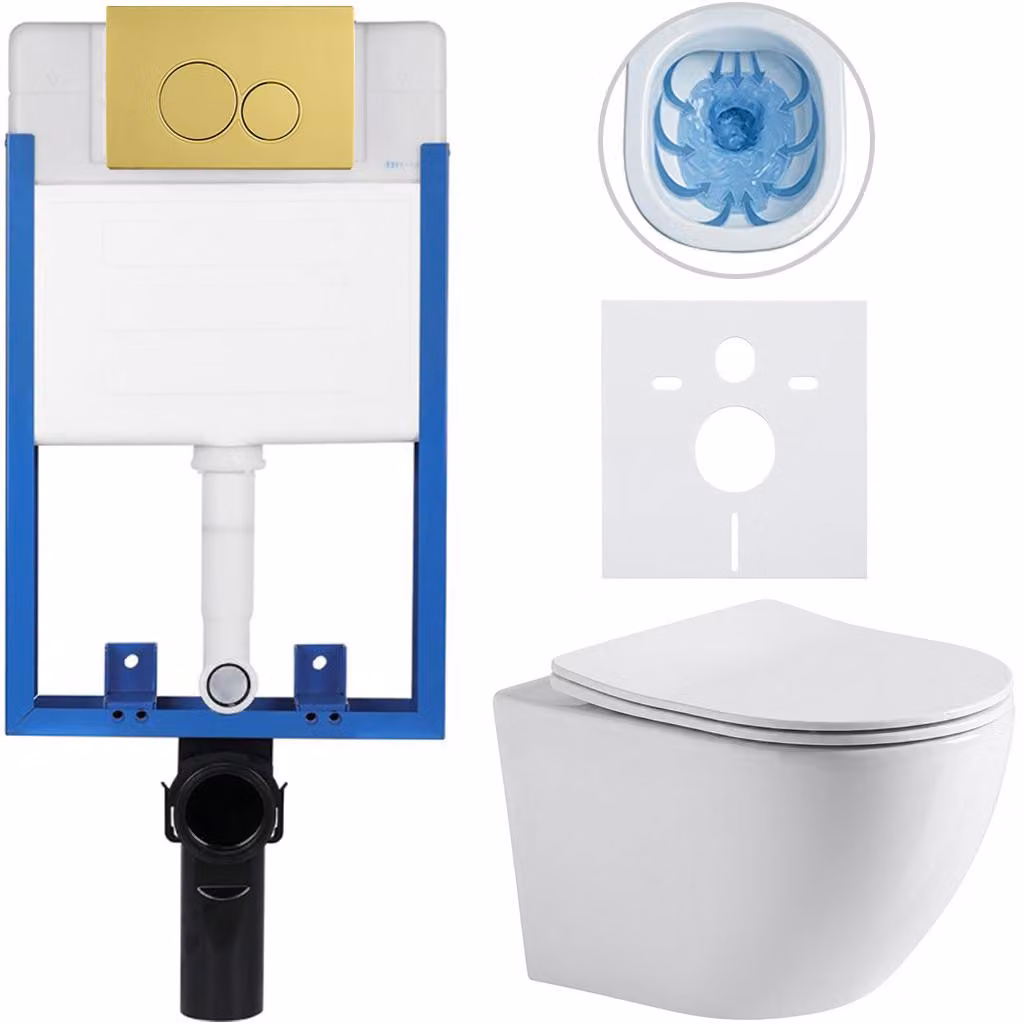 CERANO - Set completo per WC da incasso Lite/Verde - bianco lucido - pulsante WC Duo, dorato - da incasso - 49x36 cm