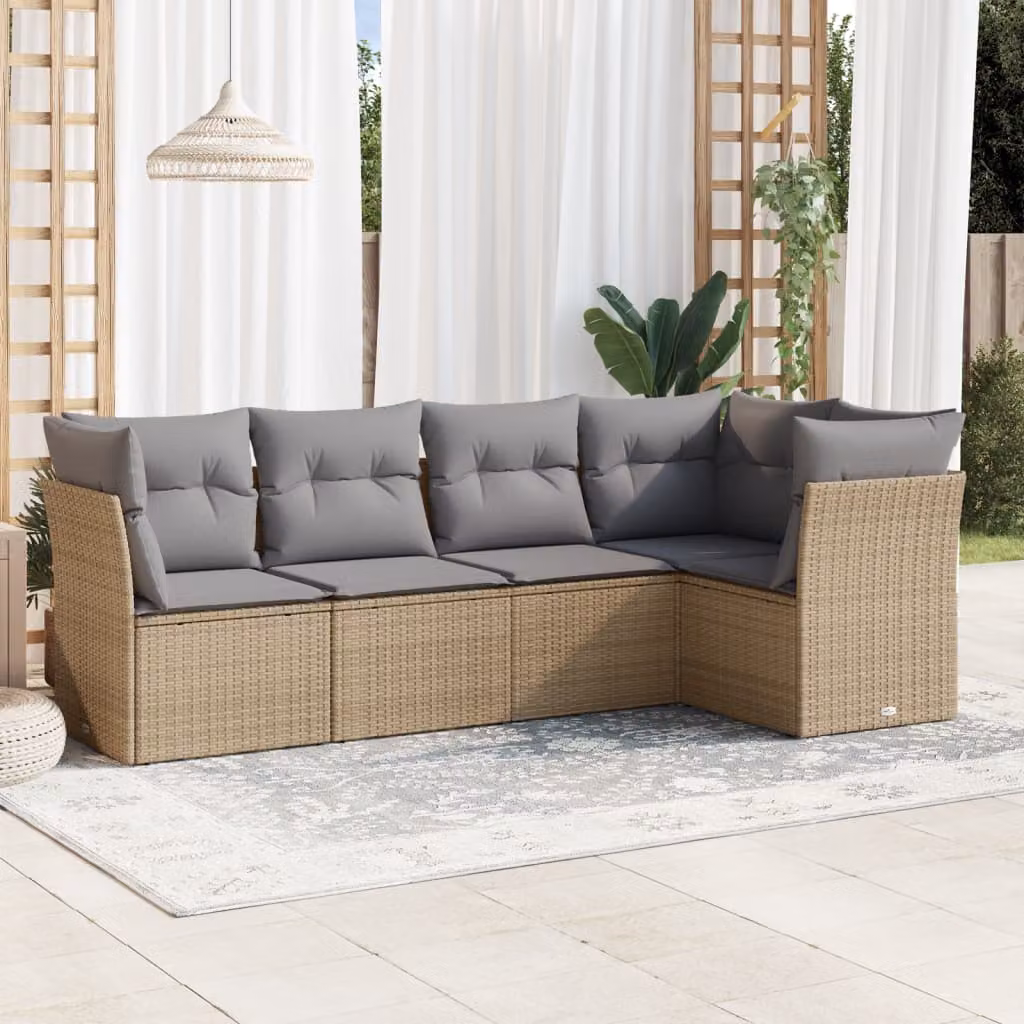 vidaXL Set Divano da Giardino a L 5 pz con Cuscini Beige e Grigio in Polyrattan e Acciaio