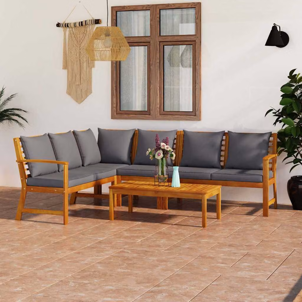 vidaXL Set Divani da Giardino a L in Legno di Acacia con Cuscini Grigi e Tavolino da Esterno – 1
