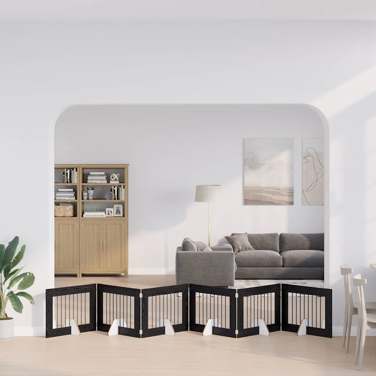 Cancello per cani pieghevole vidaXL con 6 supporti, colore nero e finitura rovere