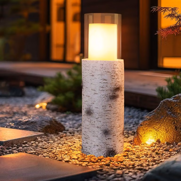 Lampada solare a LED, forma a tronco d'albero, vetro, batteria ricaricabile, H 43,5 cm