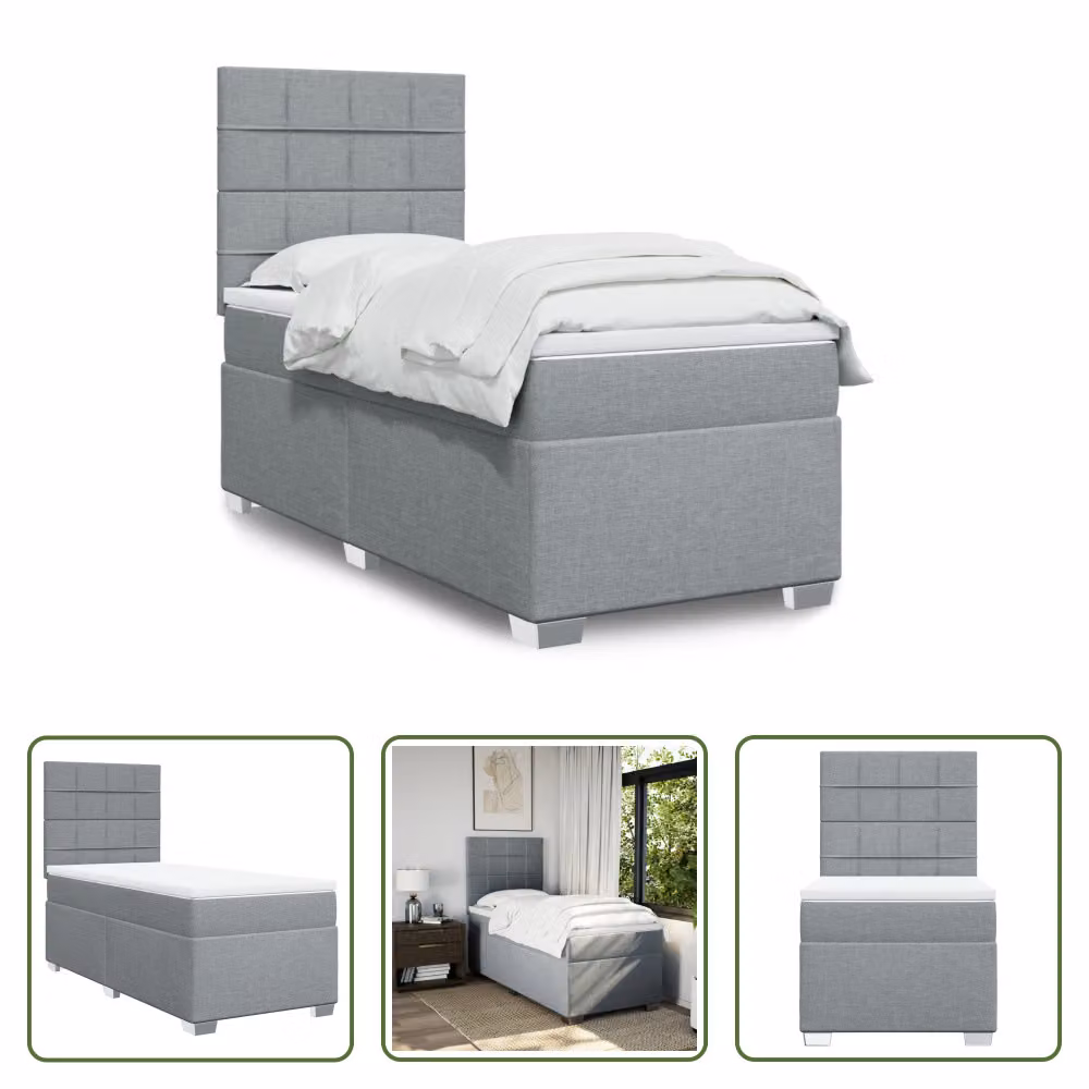The Living Store Letto a molle con materasso grigio chiaro 90x190 cm in tessuto