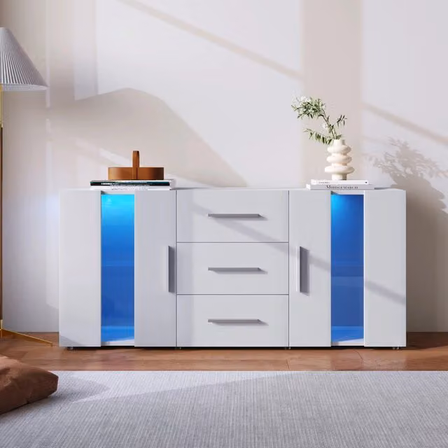 Credenza TV LED 140x35x70 cm in MDF Bianca con 3 cassetti e 2 armadietti