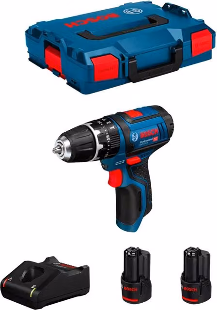 Trapano a percussione Bosch GSB 12V-15 blu con 2 batterie da 3,0 Ah, caricabatterie GAL12V-40 e custodia L-Boxx 102 – 1