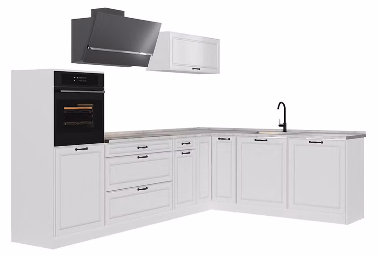 Cucina angolare completa Vicco R-Line Bianco country/Bianco 287 x cm piano di lavoro Marmo, Model 68216