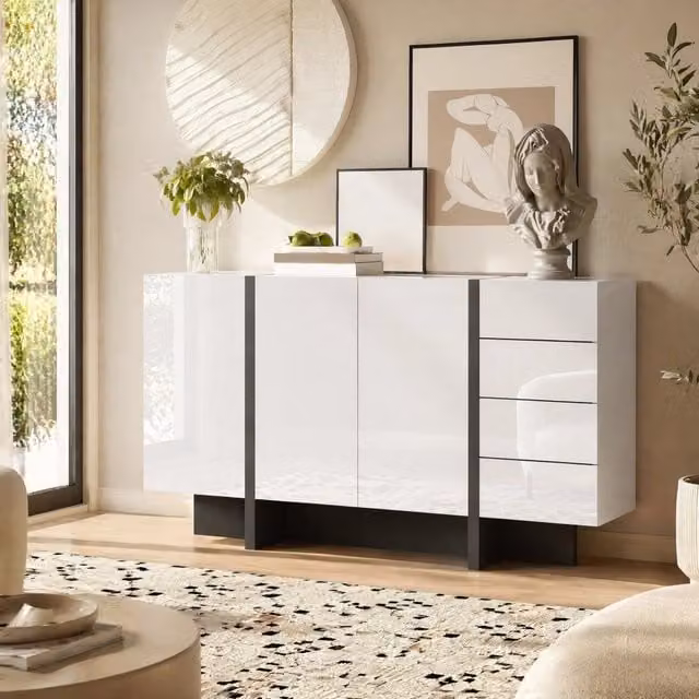 Sideboard bianco lucido con 2 ante e 4 cassetti; 150x40x80;5 cm; MDF e truciolare