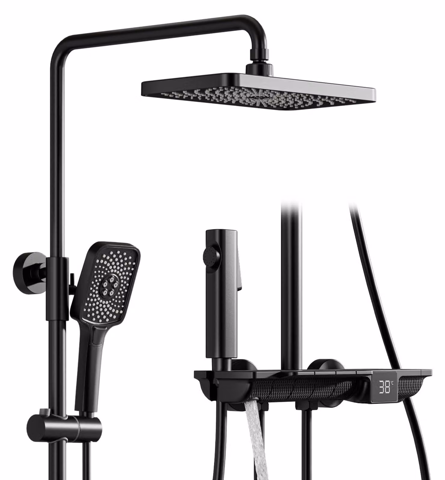 Sistema doccia 4-in-1, soffione a pioggia 300x180 mm, doccetta manuale, erogatore a mano, colore nero