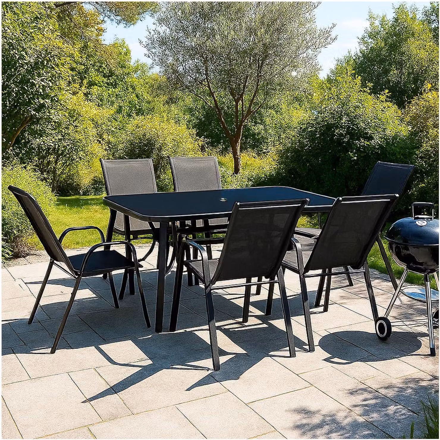 VORTIVO set di mobili da giardino per 6 persone - sedie impilabili, tavolo con piano in vetro - resistente alle intemperie - per giardino, balcone e terrazza - nero