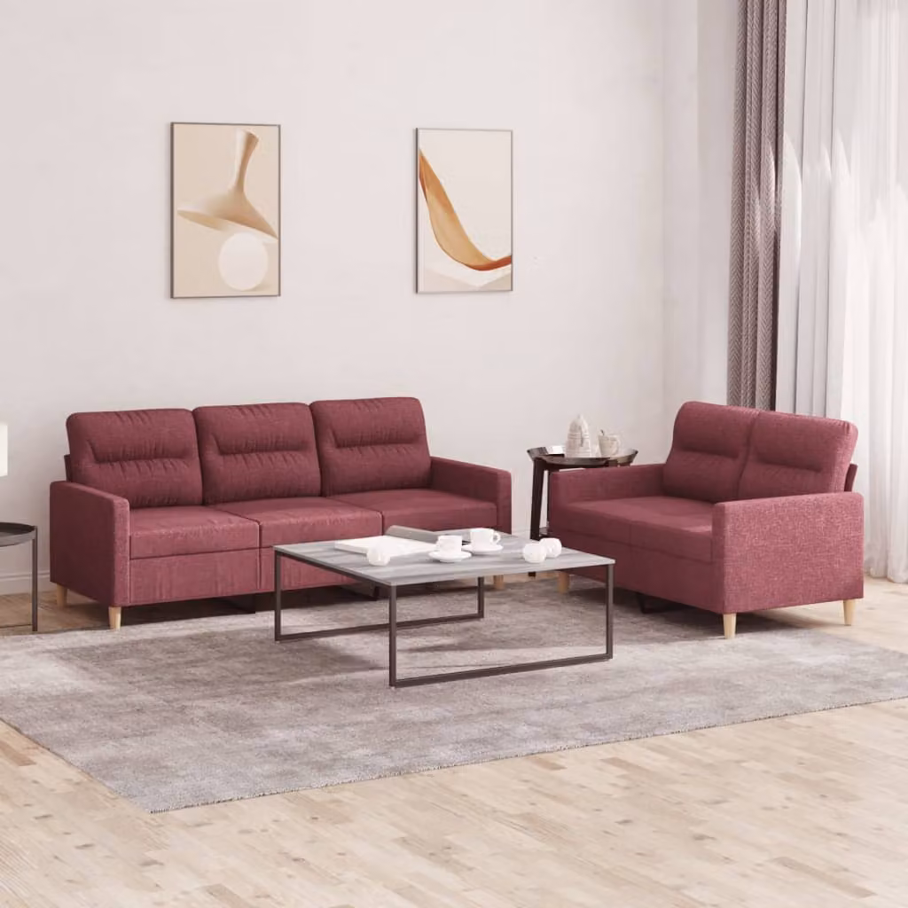 Set di Divani vidaXL composto da un divano a 2 posti e un divano a 3 posti in Tessuto Rosso con Cuscini – 1