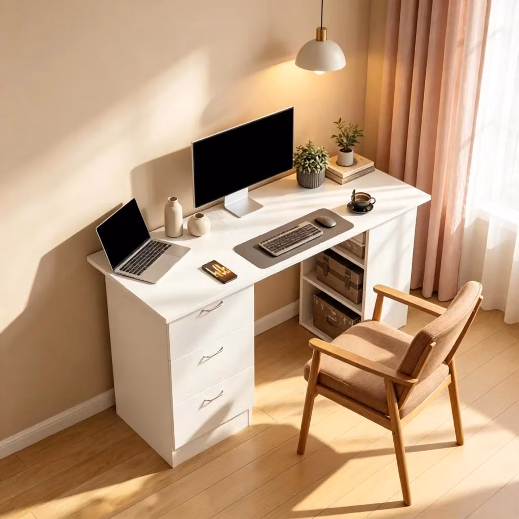 Scrivania lineare OKWISH in MDF bianco con 3 cassetti e 3 ripiani aperti per ufficio o camera da letto L: 120 cm, P: 49 cm, H: 72 cm – 2