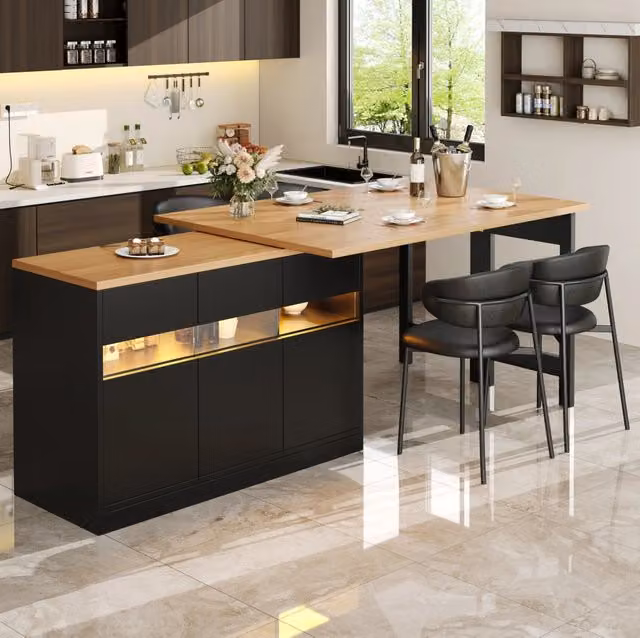Tavolo bar estensibile 120-180x40x71,5 cm in MDF nero con LED per soggiorno –
