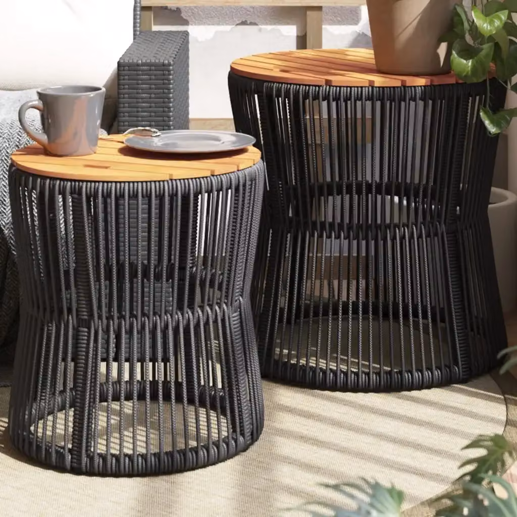 Set di 2 tavolini da giardino moderni in polyrattan con piano in legno di acacia oliato, colore nero e marrone, forma rotonda – 2