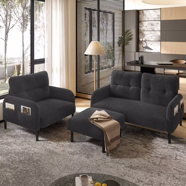 LVHOM Cord set di 3 divani a 2 posti+poltrona+sgabello, flessibile per il soggiorno divano ad angolo con tasche laterali, gruppo di sedute grigio
