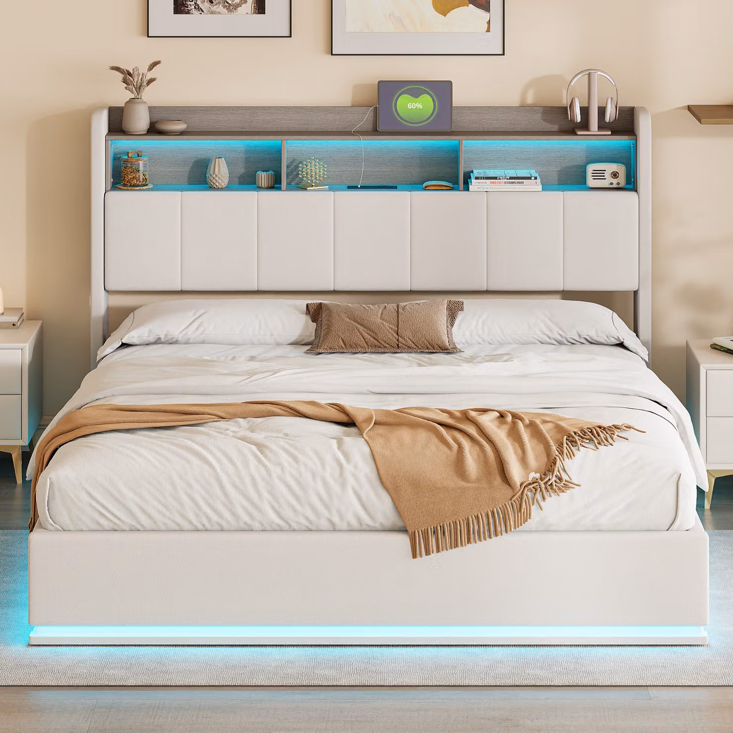 CDGlobal letto imbottito 160x200cm, letto matrimoniale idraulico con contenitore e rete a doghe, testata a LED con funzione di ricarica USB, letto contenitore letto in metallo letto per giovani letto, biancheria (beige, 160x200cm)