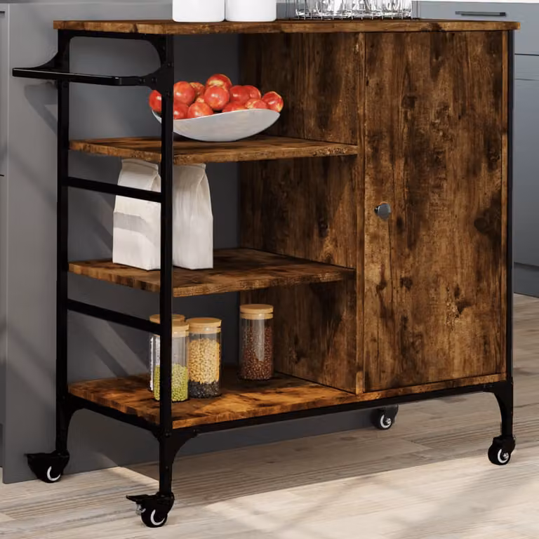 vidaXL Carrello da Cucina in Legno Rovere Fumo con Ruote, Stile Industriale, L/P/H: 87,5 x 38,5 x 84,5 cm