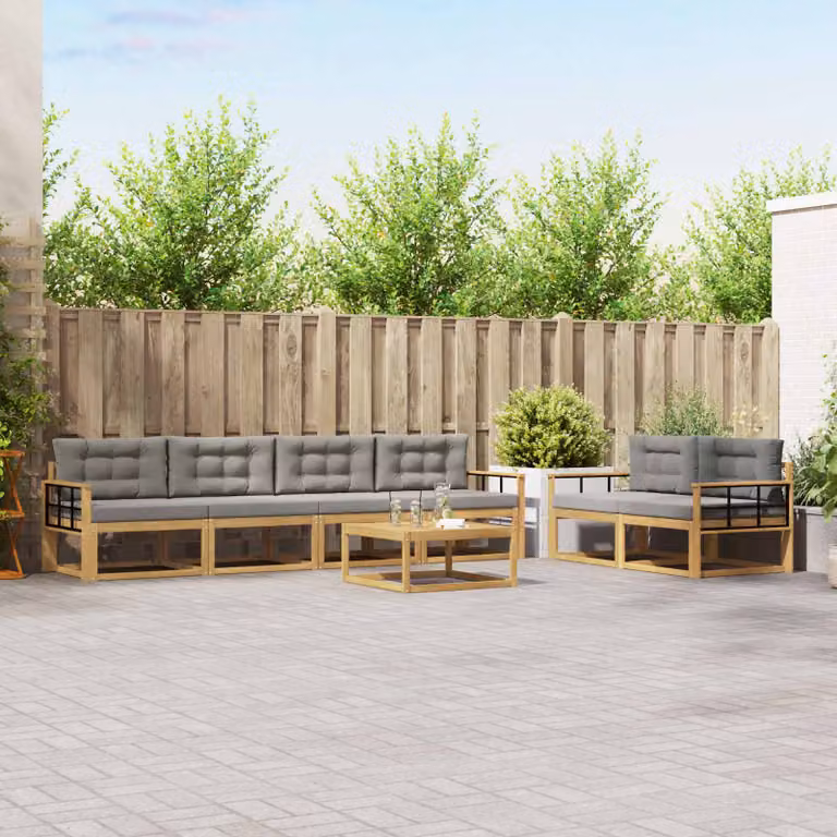 vidaXL Set di divani da esterno a L composto da 6 pezzi in legno di acacia con cuscini Bianco e Grigio