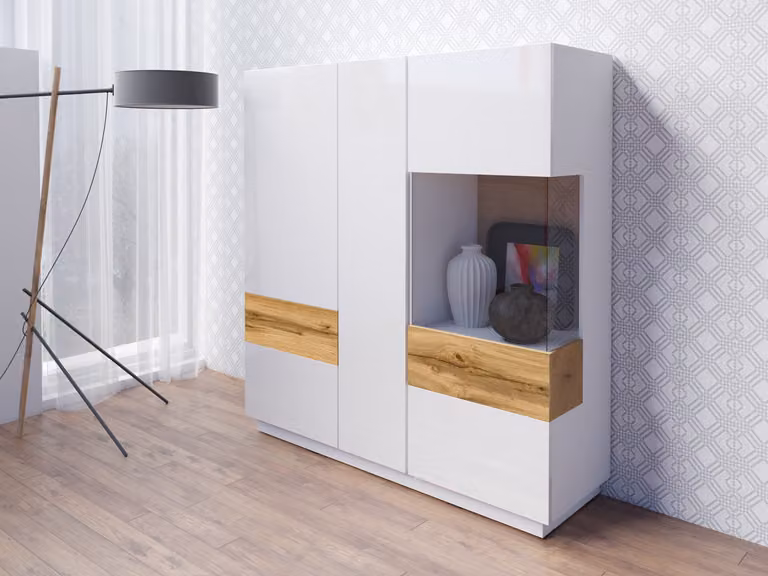 Cassettiera alta a tre ante SHADI, bianco + rovere wotan