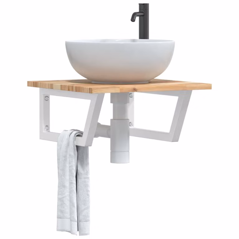 vidaXL Ripiano a Parete per Lavabo in Acciaio e Legno di Acacia, Bianco e Marrone, L: 50 cm, P: 22 cm, H: 50 cm