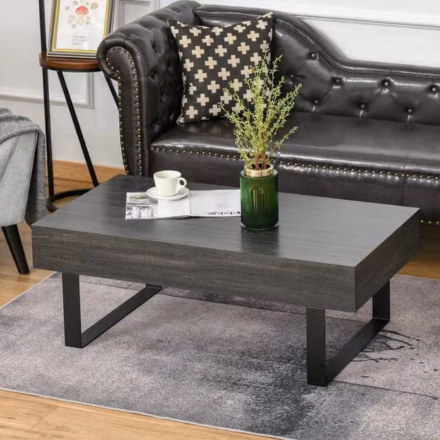 Tavolino basso fisso con cassetto e ripiani aperti in pannello truciolare grigio scuro 110 × 60 × 40 cm