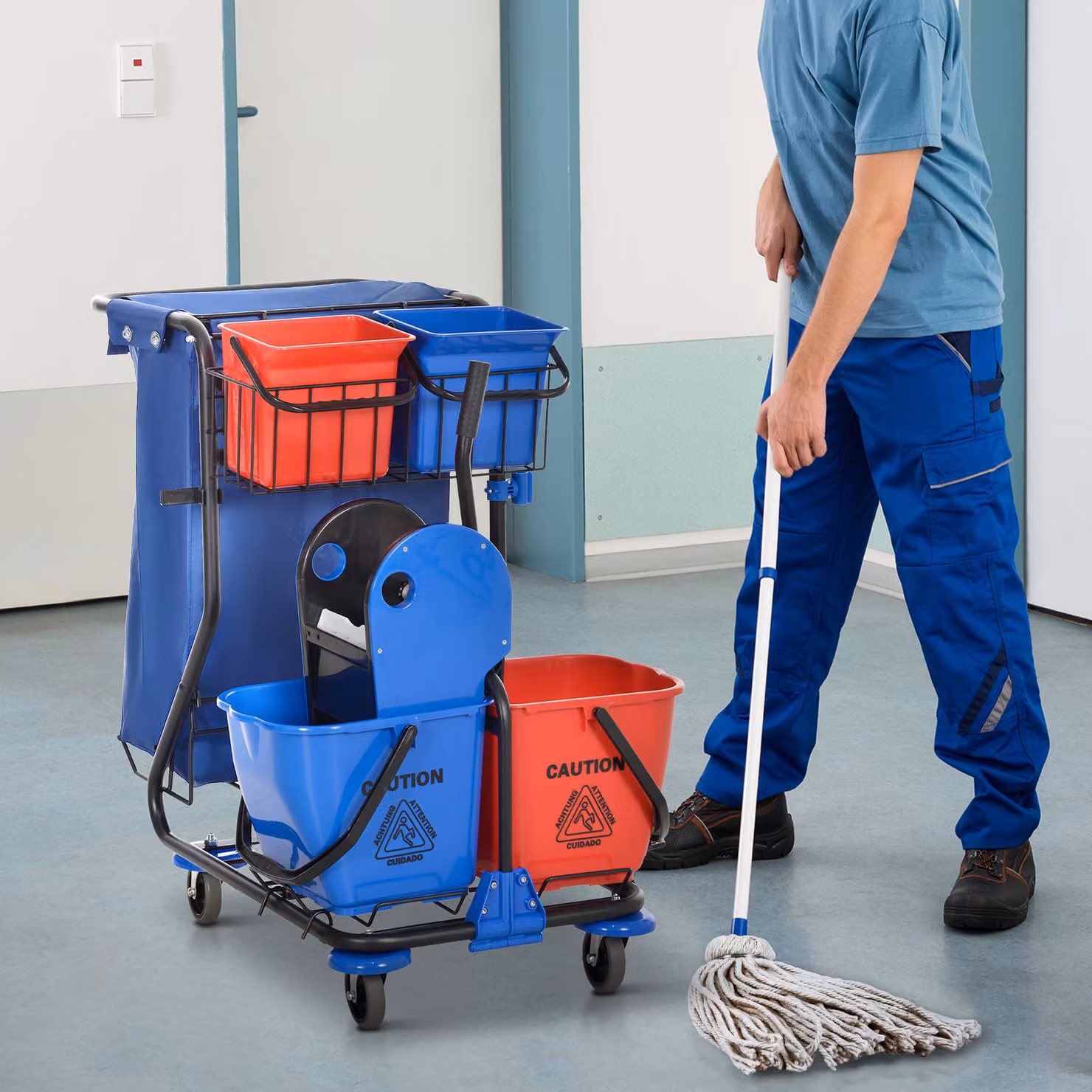 Carrello per pulizie HOMCOM con mocio, strizzatore e sacco per immondizia, Rosso, Blu e Nero, L: 80 cm, P: 80 cm, H: 97 cm – 2