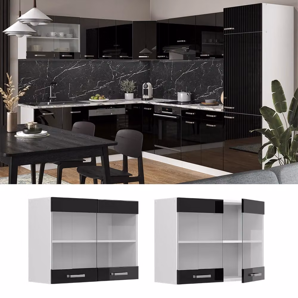 Pensile da cucina moderno Vicco R-Line con ante in vetro, Nero lucido/Bianco/Grigio, L: 80 cm, H: 60 cm, P: 31 cm – 2