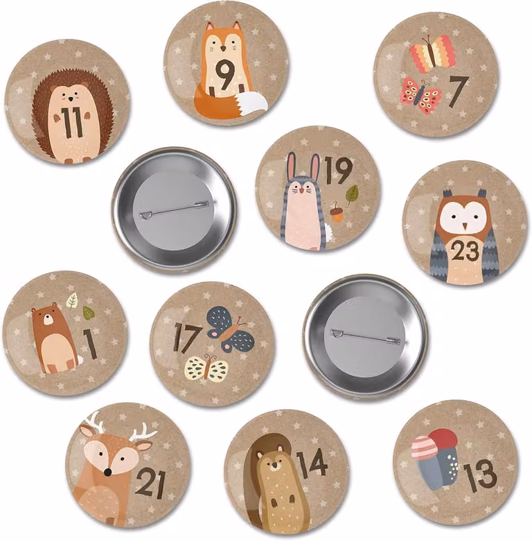 Calendario dell'Avvento con numeri in carta, 24 pezzi. Bottoni numerati da 35 mm per decorare i calendari dell'Avvento. Motivi: animali della foresta